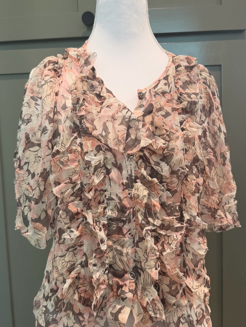 Joie Pink and Cream Floral Ruffle Blouse